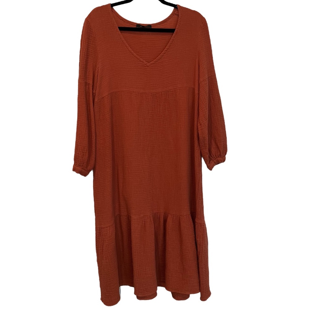 7 For All Mankind Rust Orange Red Gauze Cecelia Dress with Lantern Sleeves - M